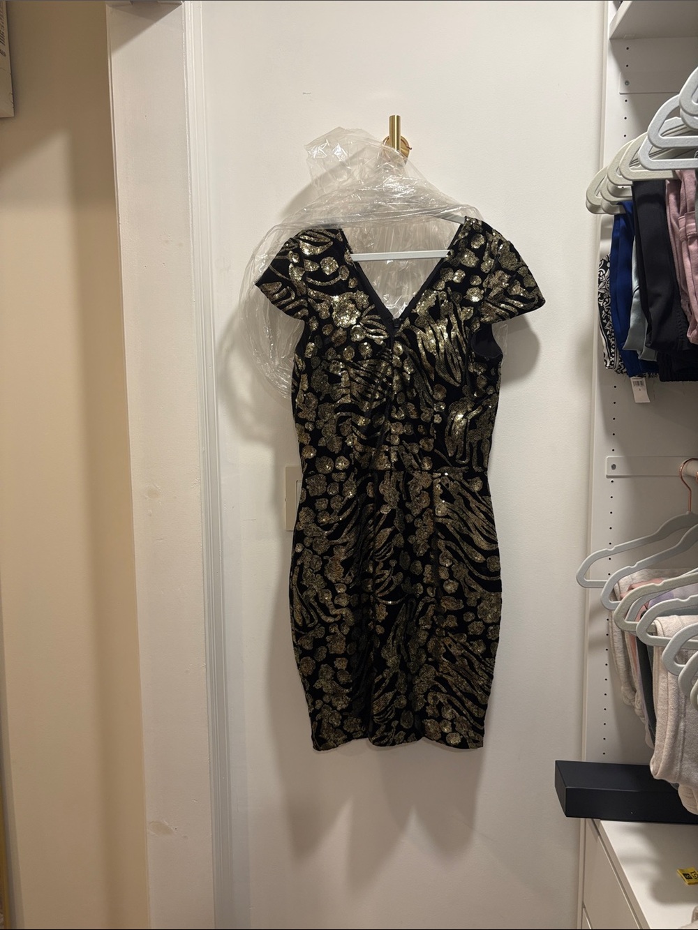 Dress the Population Black and Gold Sequin V-Neck Mini Dress